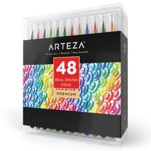 Arteza 48 Real Brush Pens Set With Water Brush Pen Premium Blendable Water-Based